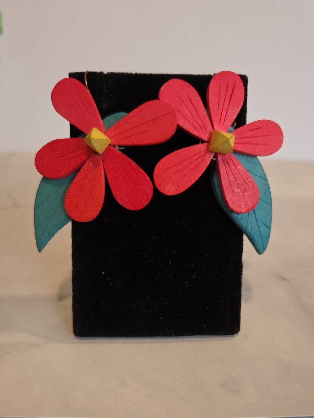 Red Floral Drop Earrings with Teal Leaves - Balsa Wood